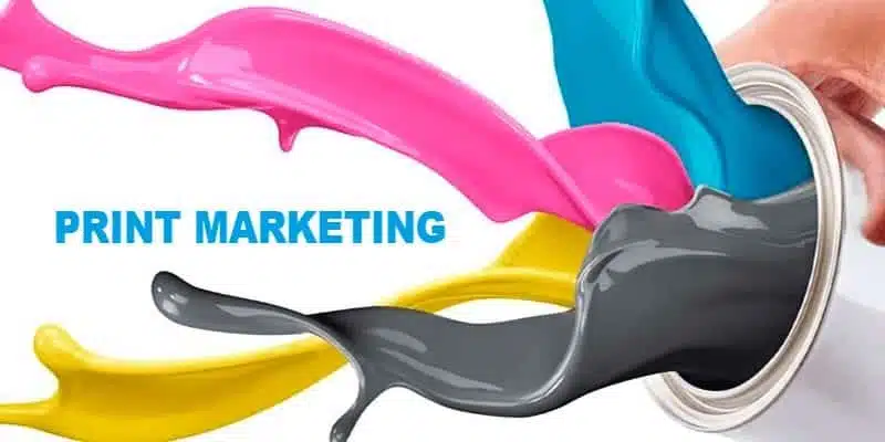 Colored Ink Splashing Out of Bucket With Words Print Marketing
