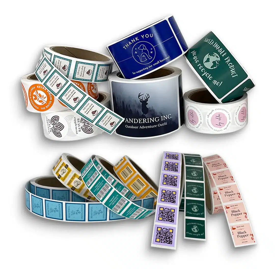 Custom Roll Labels – Product, Packaging, and Brand Labels and Stickers by TPS Printing Assorted custom roll labels printed by TPS Printing, including thank you stickers, sustainable product labels, barcode and QR code labels, and product branding labels