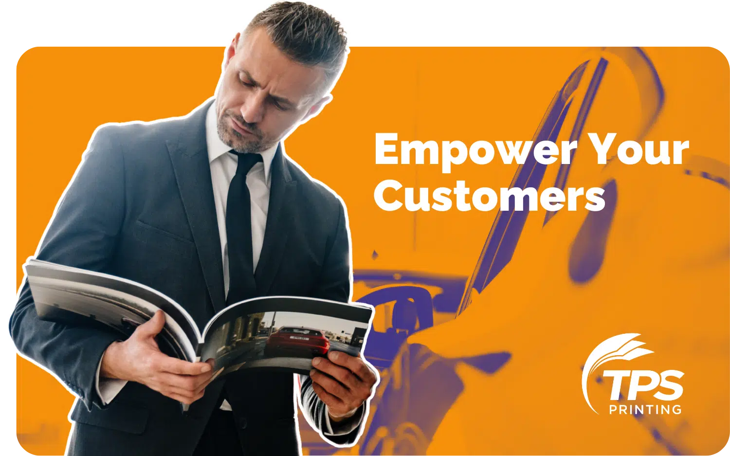 A man reads a brochure booklet at a car dealership printed by TPS Printing in San Diego, California