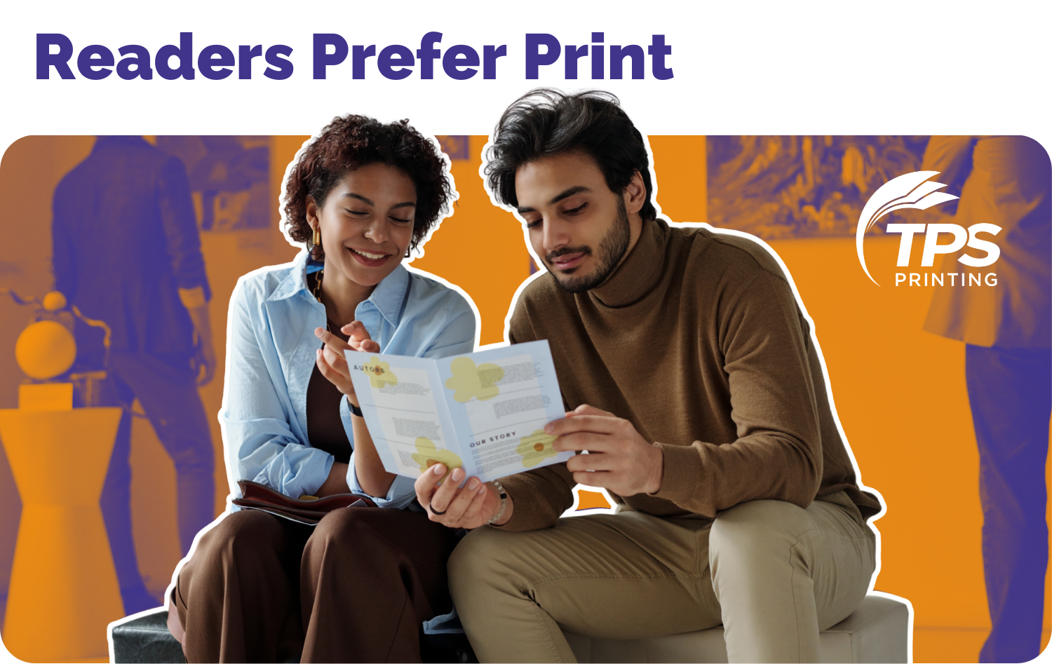 Two people reading a booklet printed by TPS Printing in San Diego, California