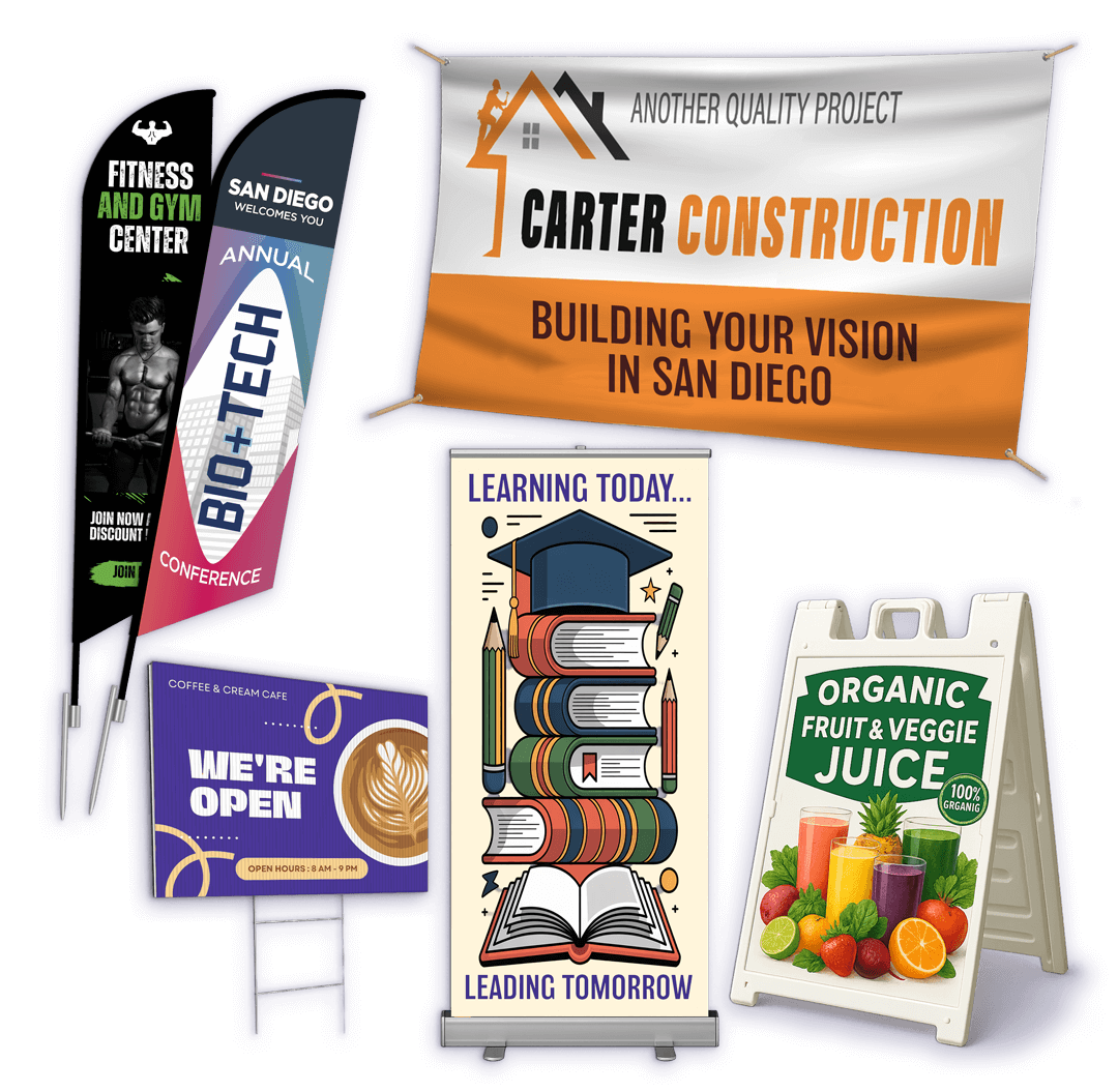 Custom Signs and Banners – Event & Business Signage by TPS Printing San Diego Variety of custom printed signs including feather flags, vinyl banners, retractable banners, A-frame signs, and event signage by TPS Printing in San Diego