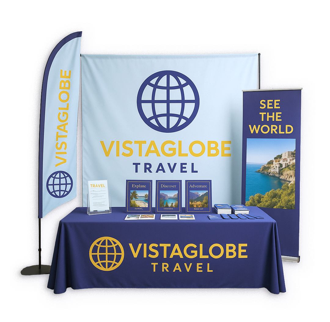 Branded Trade Show Booth – Custom Table Cover, Banner Stand & Backdrop by TPS Printing Custom trade show booth display with branded table throw, feather flag, backdrop, and retractable standing banners.