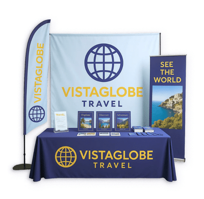 Trade show display booth with printed banners table covers and signage